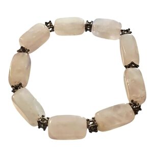 Vintage Chunky Rose Quartz Bracelet Pink Gemstone Rectangle Beads Stretch  7"